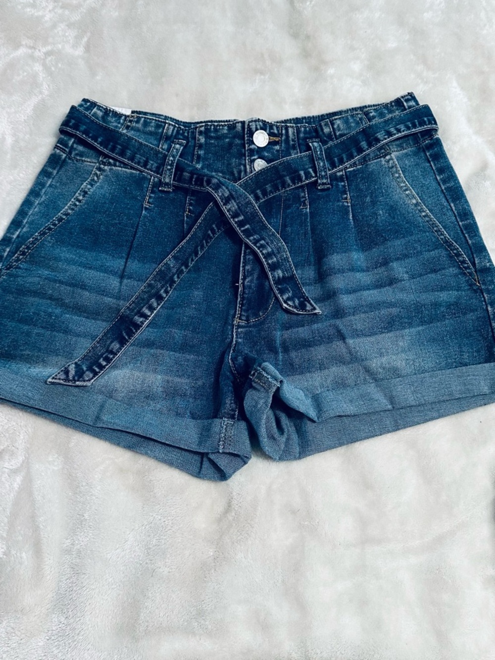 Almost Famous Blue Paperbag Waist Denim Shorts with Tie